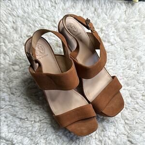 Tory Burch Women's Tan Sandals Suede Wedge Strappy Heels Brown Neutral Classy